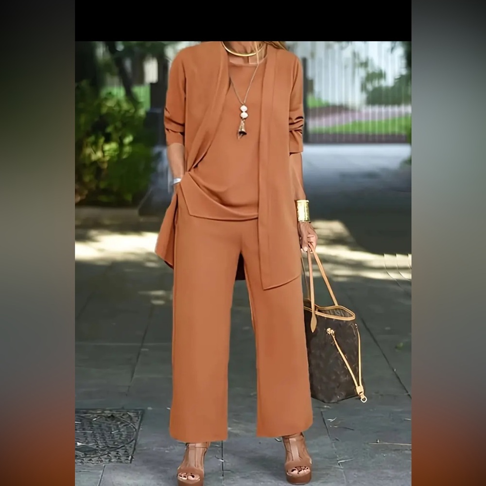 131. Casual Three-piece Solid Set, Long Sleeve Cardigan & Top & Long Pants